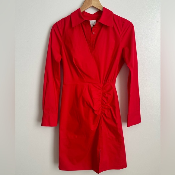 MILLY maxine poplin long sleeve mini dress in red | size 0 - Picture 2 of 8